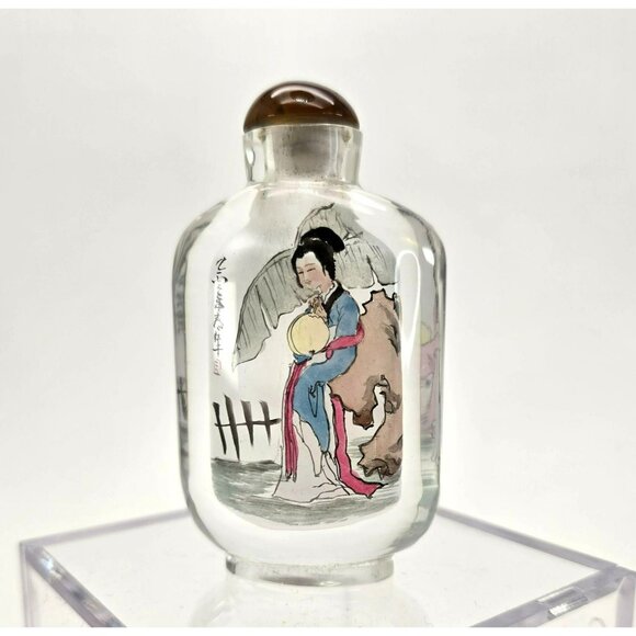Hand-Painted Chinese Snuff Bottle With Traditional Woman & Landscape Scene je138